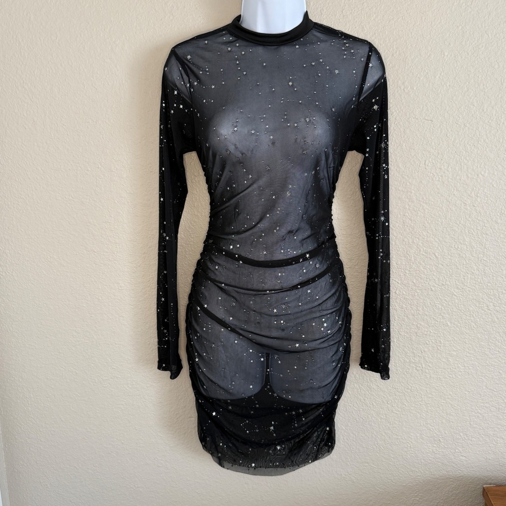 Whimsigoth Celestial Star Print Sheer Mesh Ruched Bodycon Mini Dress Womens L/XL